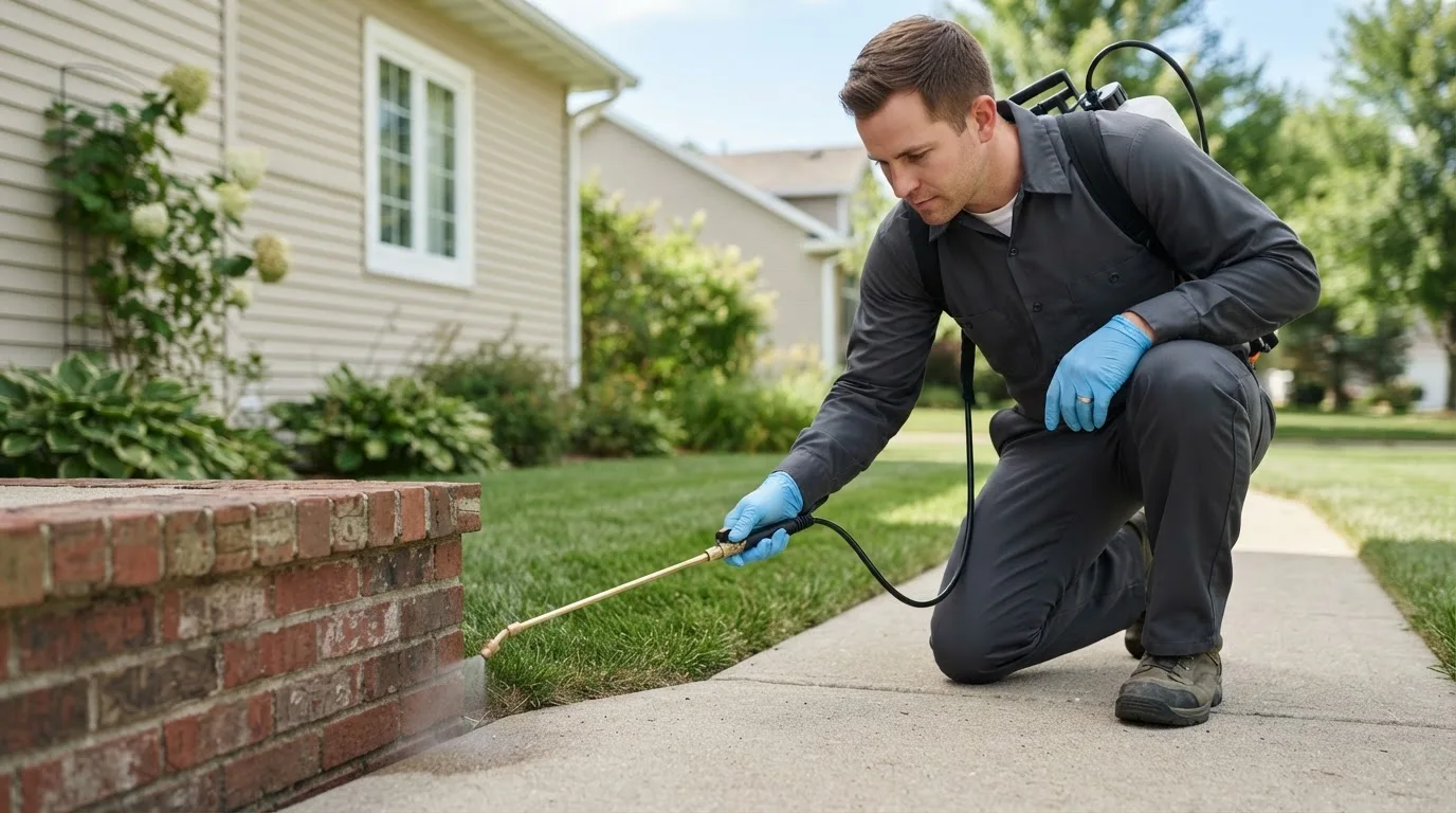 Pest control technician treating a home near Lovingston, VA
